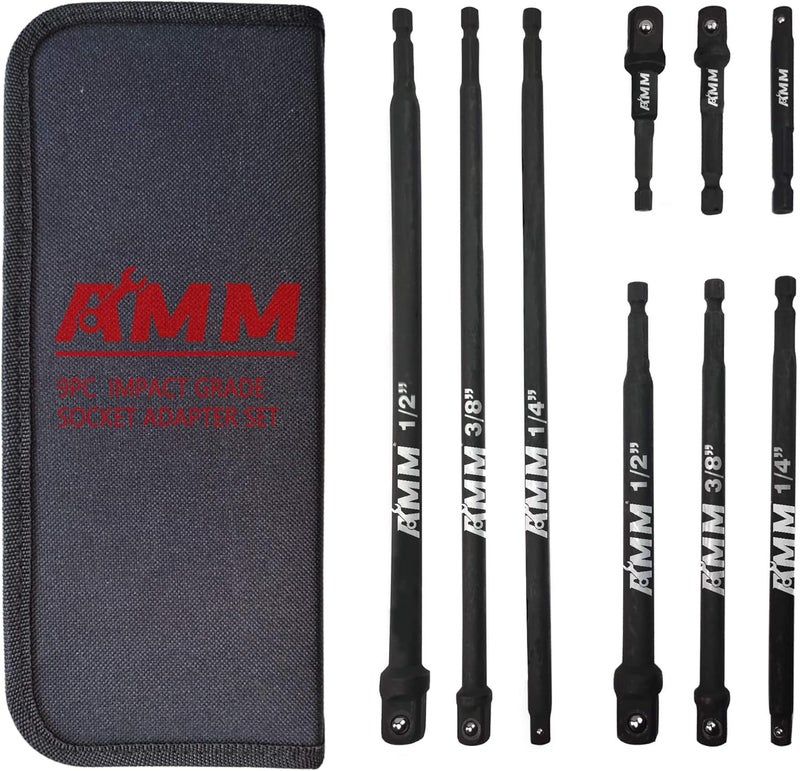 AMM 9-Piece Impact Grade Socket Adapter Set，1/4", 3/8", and 1/2" Drive | 3", 6", and 10" Socket Driver Adaptor，Adapt Your Power Drill To High Torque Impact Wrench - Image 1